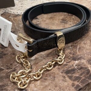 MICHAEL KORS Belt Swag Chain Logo Genuine Leather Black Gold Sz Large AUTHENTIC
